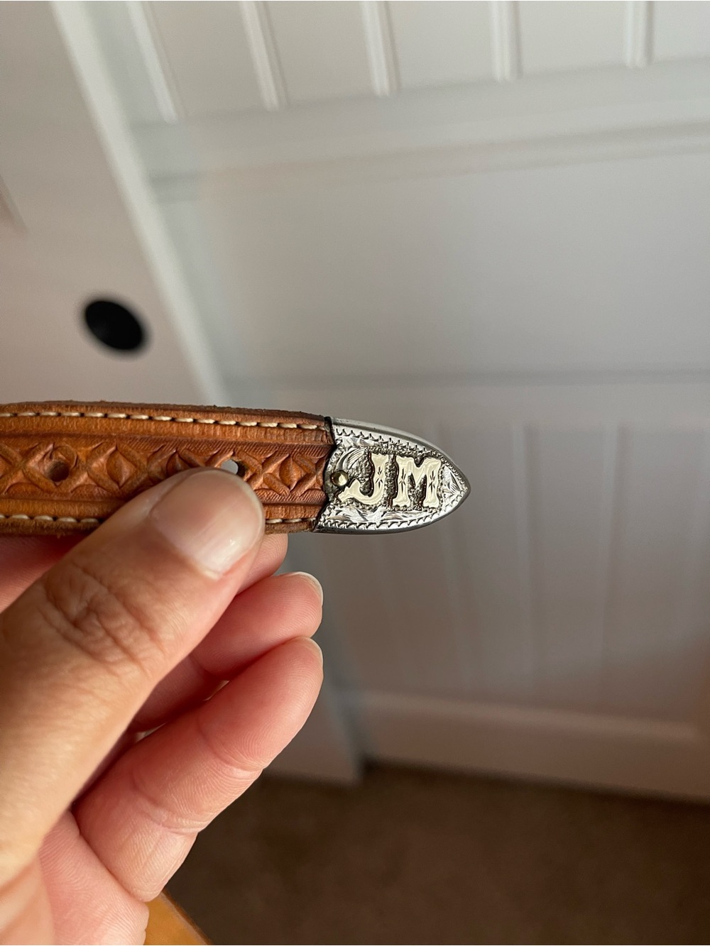 Vintage Brown Leather Belt with Sterling Silver & 10k gold monogrammed tip